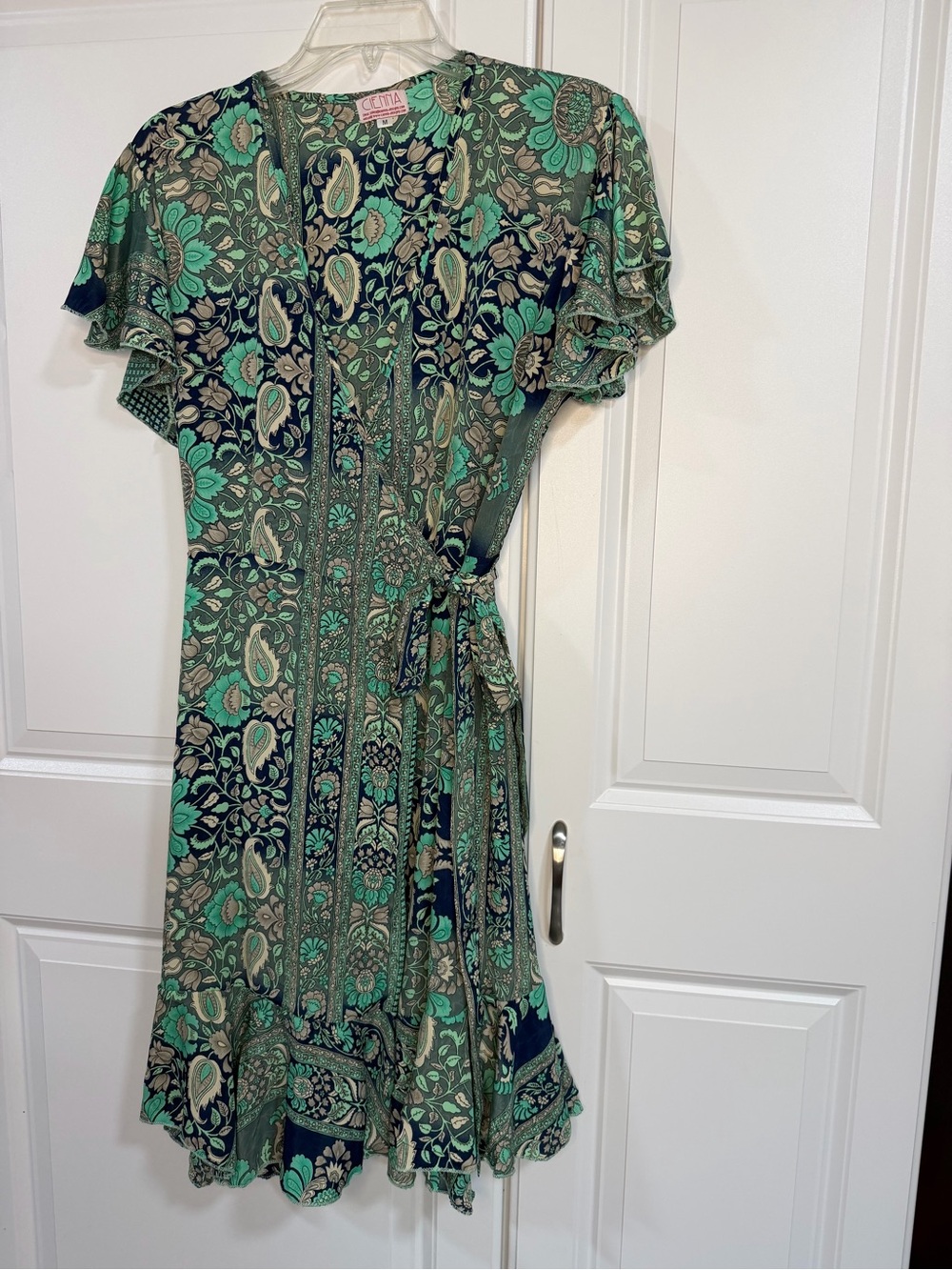 Cienna Designs Silk-Blend Paisley Wrap Dress - Teal/Green Boho Flutter Sleeve M